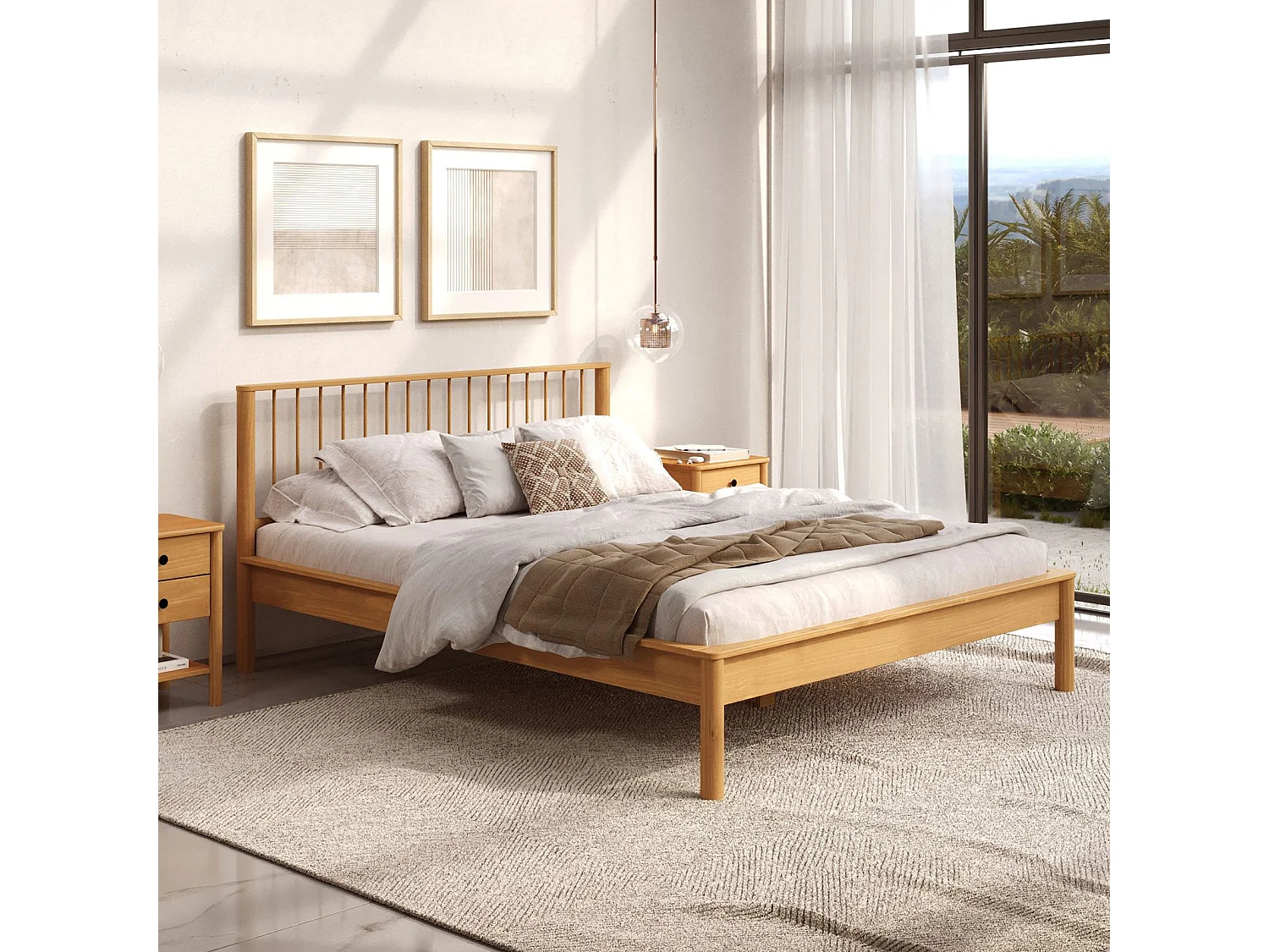 Lit 180 x 200 avec sommier APOANA en bois massif coloris chêne, cadre robuste avec tête de lit à barreaux, lit adulte double