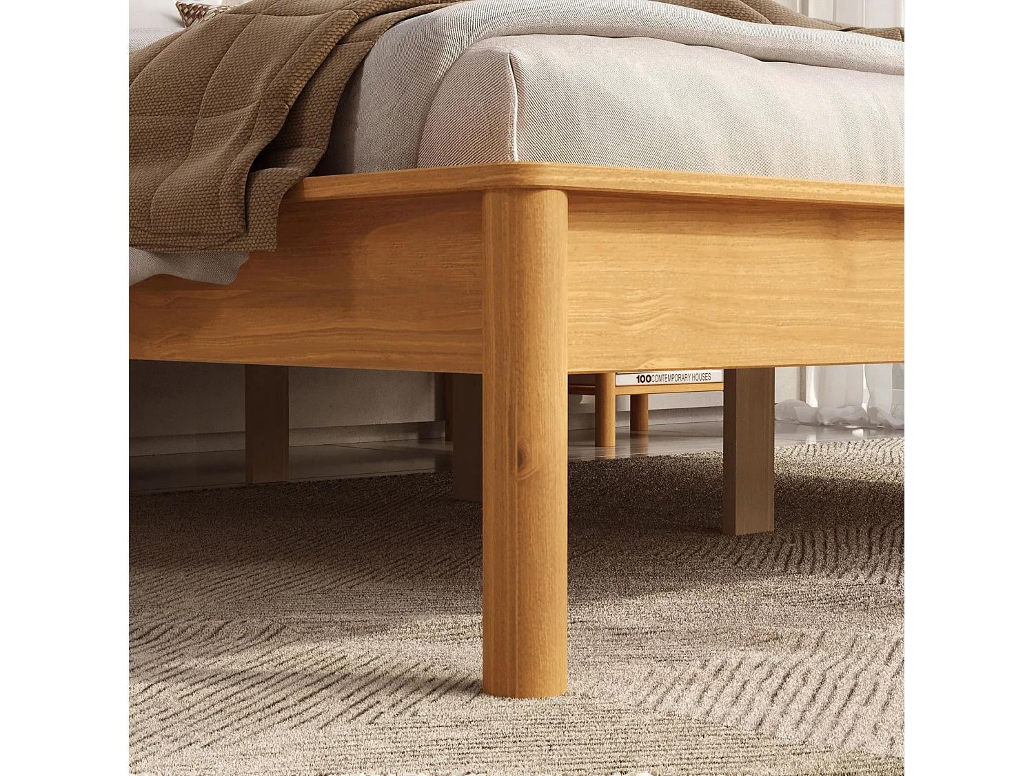 Lit 180 x 200 avec sommier APOANA en bois massif coloris chêne, cadre robuste avec tête de lit à barreaux, lit adulte double