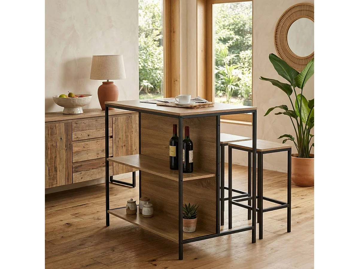 Composición de salón Windsor mesa alta con 2 taburetes negro/natural