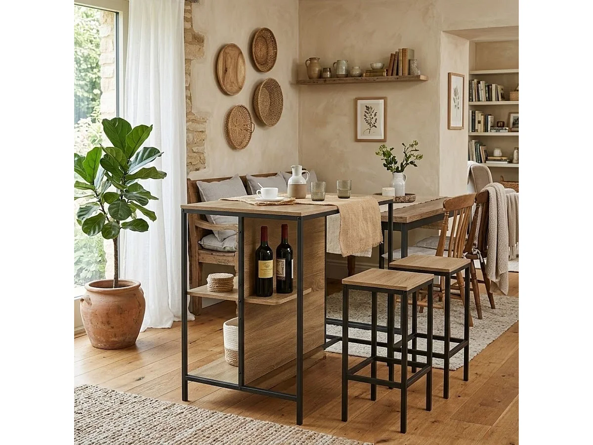 Composición de salón Windsor mesa alta con 2 taburetes negro/natural
