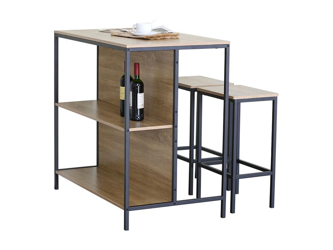 Composición de salón Windsor mesa alta con 2 taburetes negro/natural