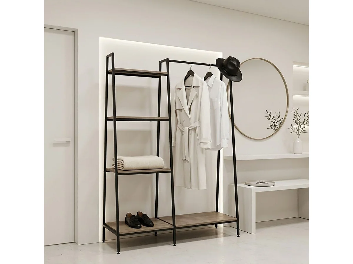 Perchero Heritage con barra y 4 estantes negro/natural 161×101×36 cm