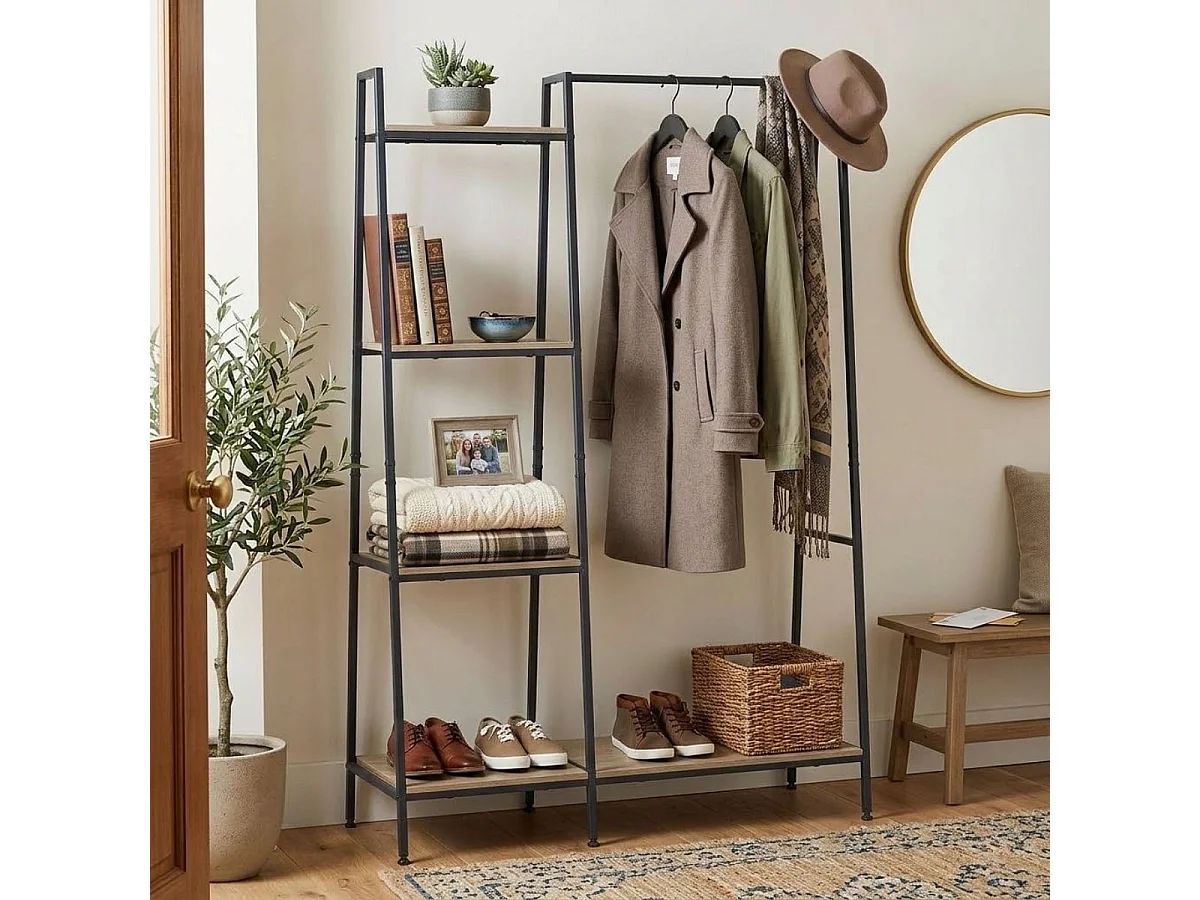 Perchero Heritage con barra y 4 estantes negro/natural 161×101×36 cm