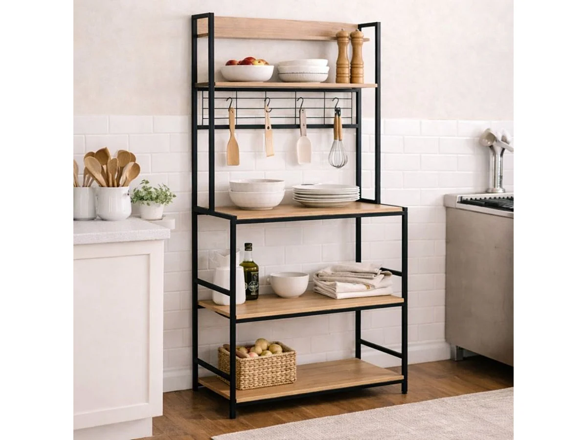 Mueble auxiliar Vértice con ganchos y estantes negro/natural 171x84x40 cm