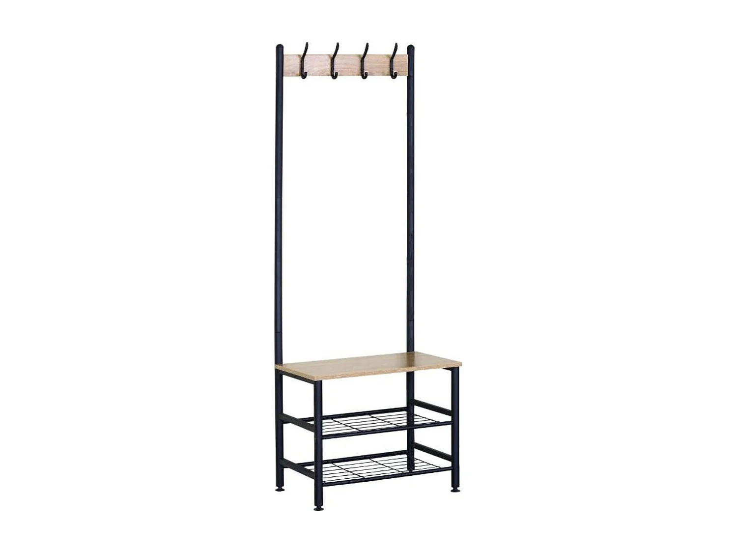 Perchero Nébula 4 ganchos con dos estantes y asiento negro/natural 176x59x40 cm