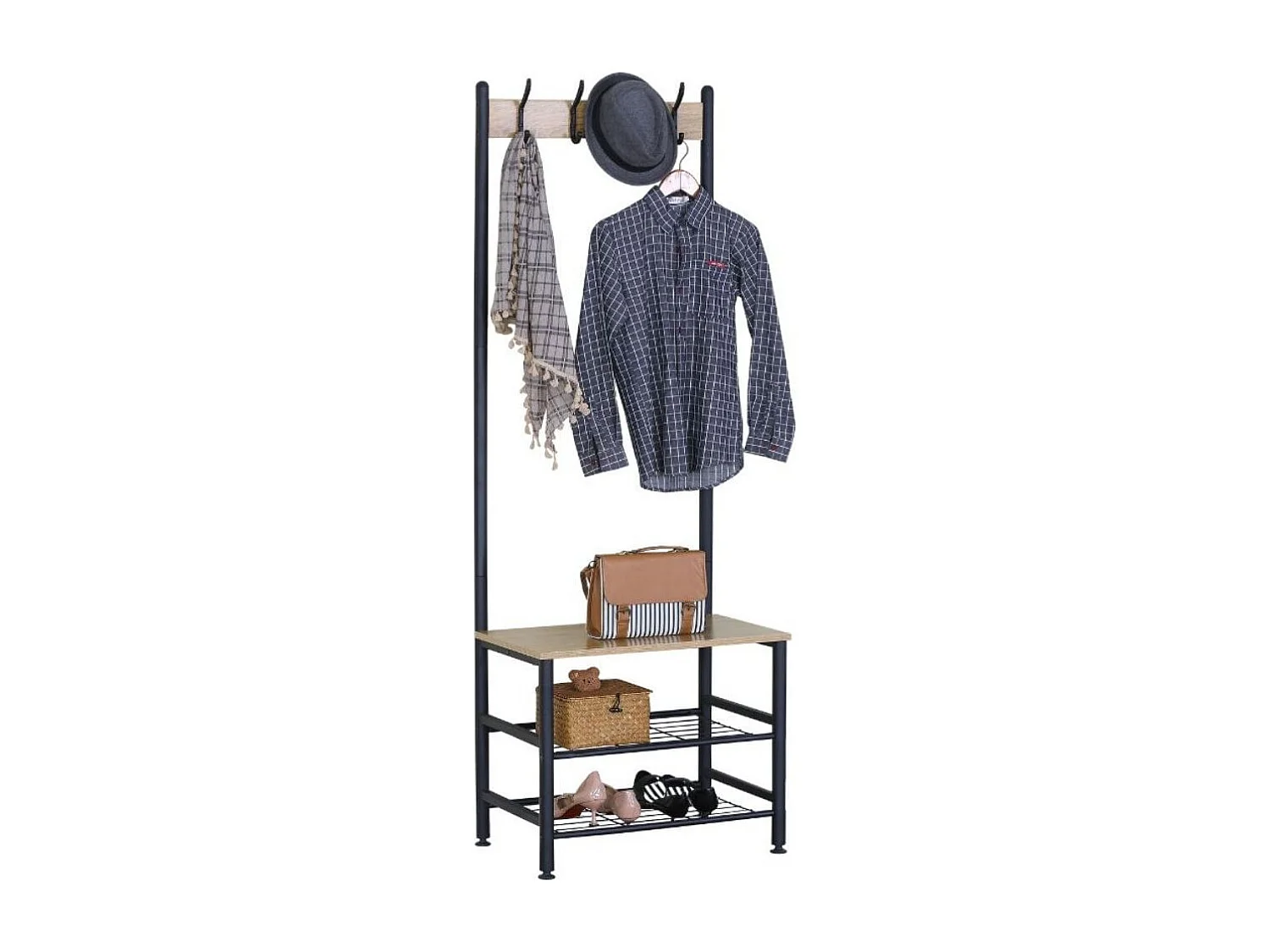 Perchero Nébula 4 ganchos con dos estantes y asiento negro/natural 176x59x40 cm