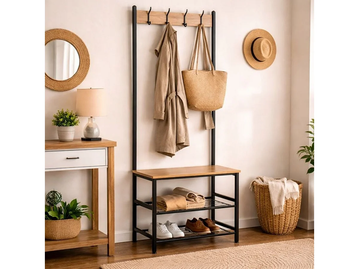 Perchero Nébula 4 ganchos con dos estantes y asiento negro/natural 176x59x40 cm