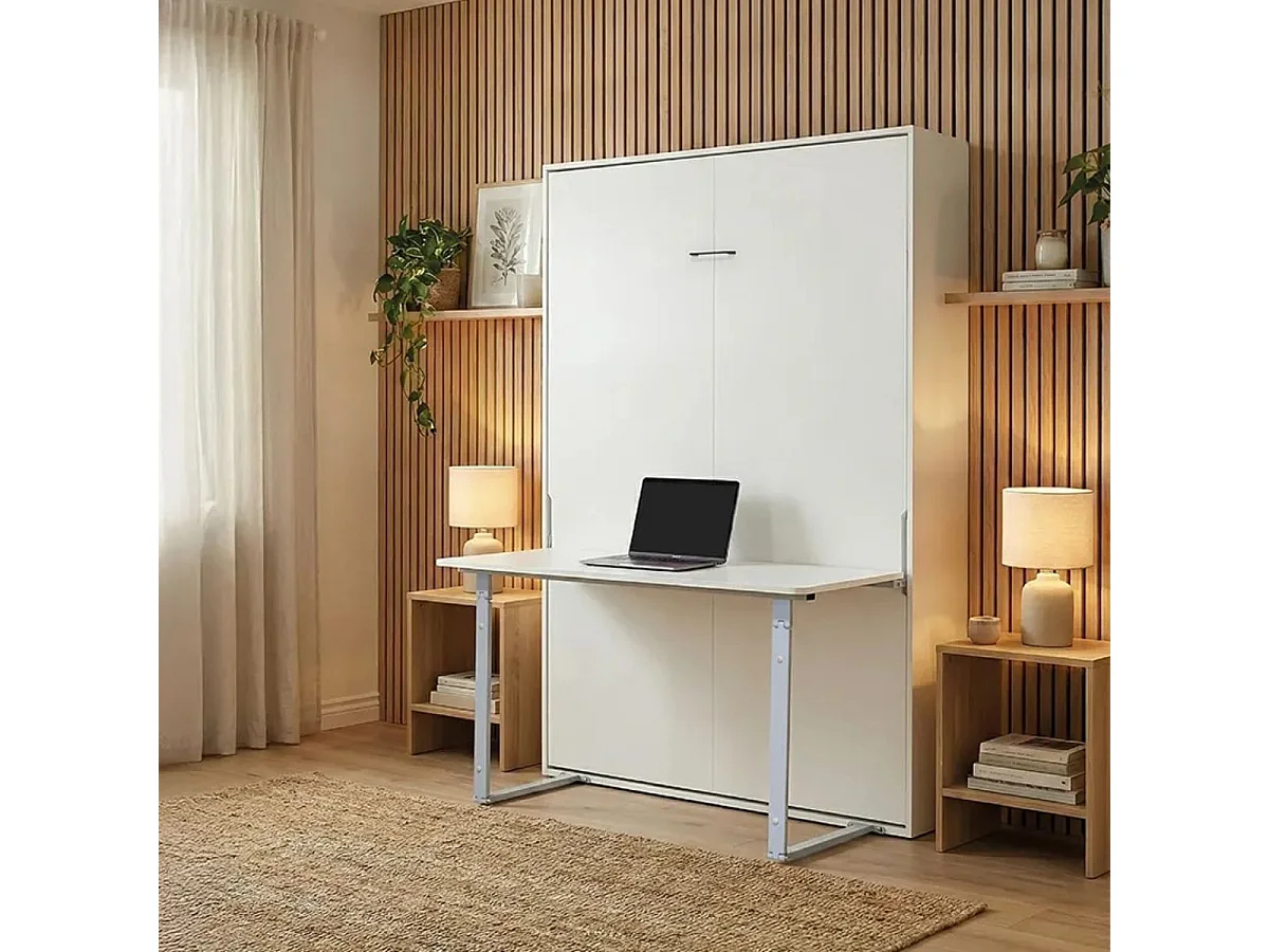 Cama abatible vertical Lupe con escritorio y somier blanco 90x190 cm