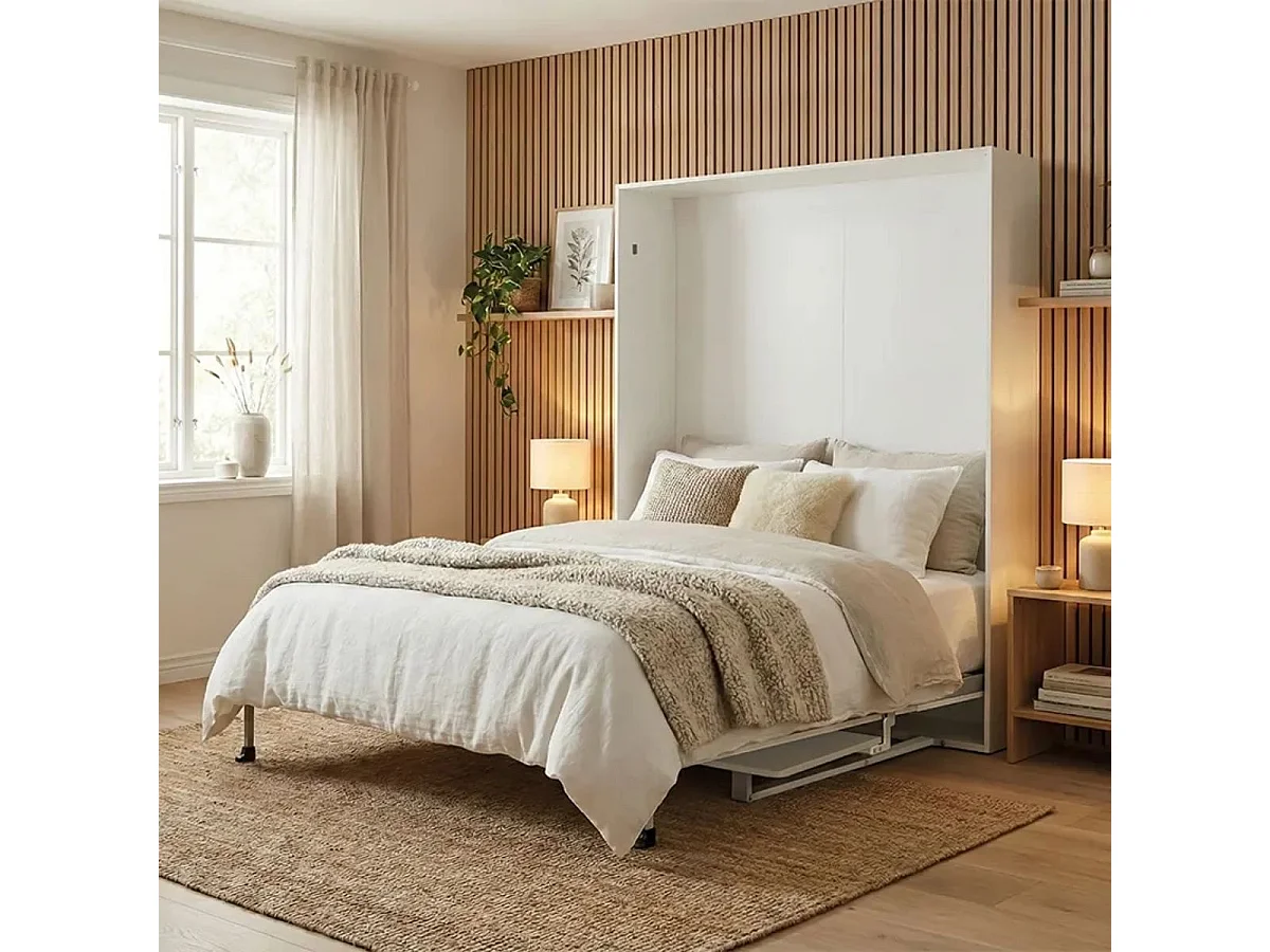 Cama abatible vertical Lupe con escritorio y somier blanco 90x190 cm