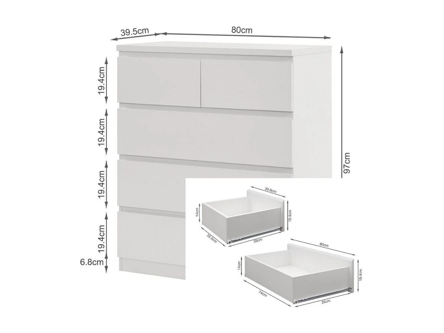 Cómoda Centella con cinco cajones blanco 97x80x40 cm