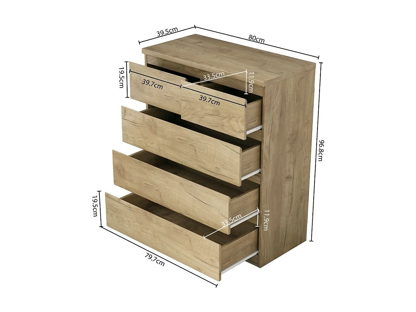 Cómoda Centella con cinco cajones natural 97x80x40 cm