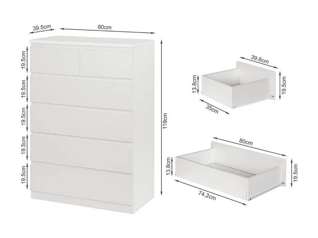 Cómoda Montie con seis cajones blanco 119x80x40 cm
