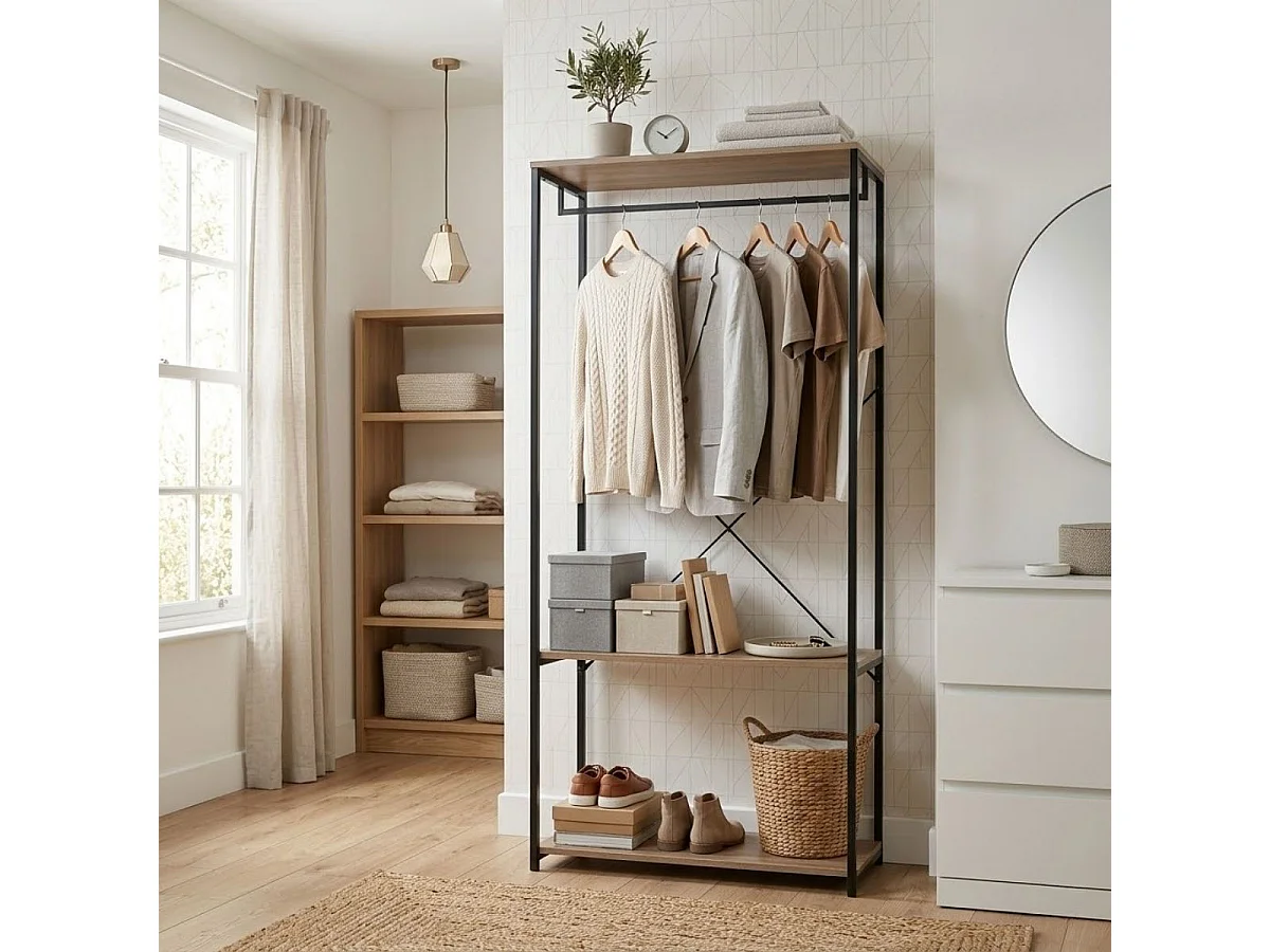 Armario vestidor Victoria barra con dos estantes negro/natural 167x60x40 cm