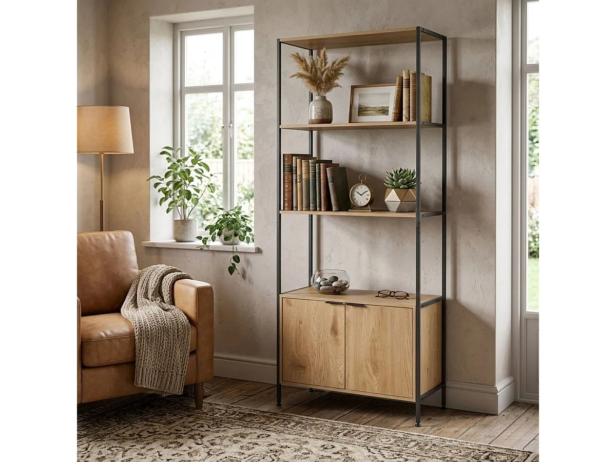 Estantería Ébano dos estantes con armario doble negro/natural 177x68x35 cm