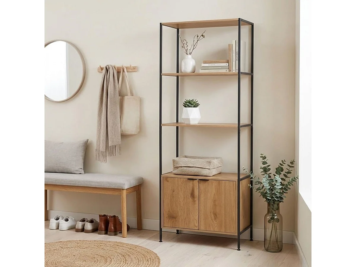 Estantería Ébano dos estantes con armario doble negro/natural 177x68x35 cm