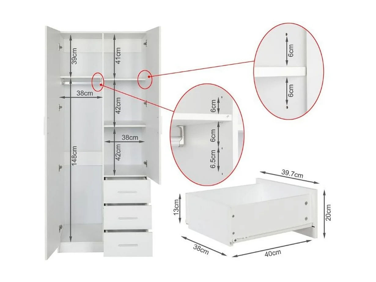 Armario Colorado 2 puertas con 3 cajones blanco 200x80x58 cm