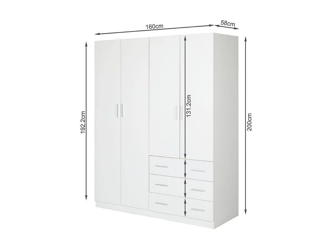 Armario Monamer 4 puertas con 3 cajones blanco 200x160x57,5 cm