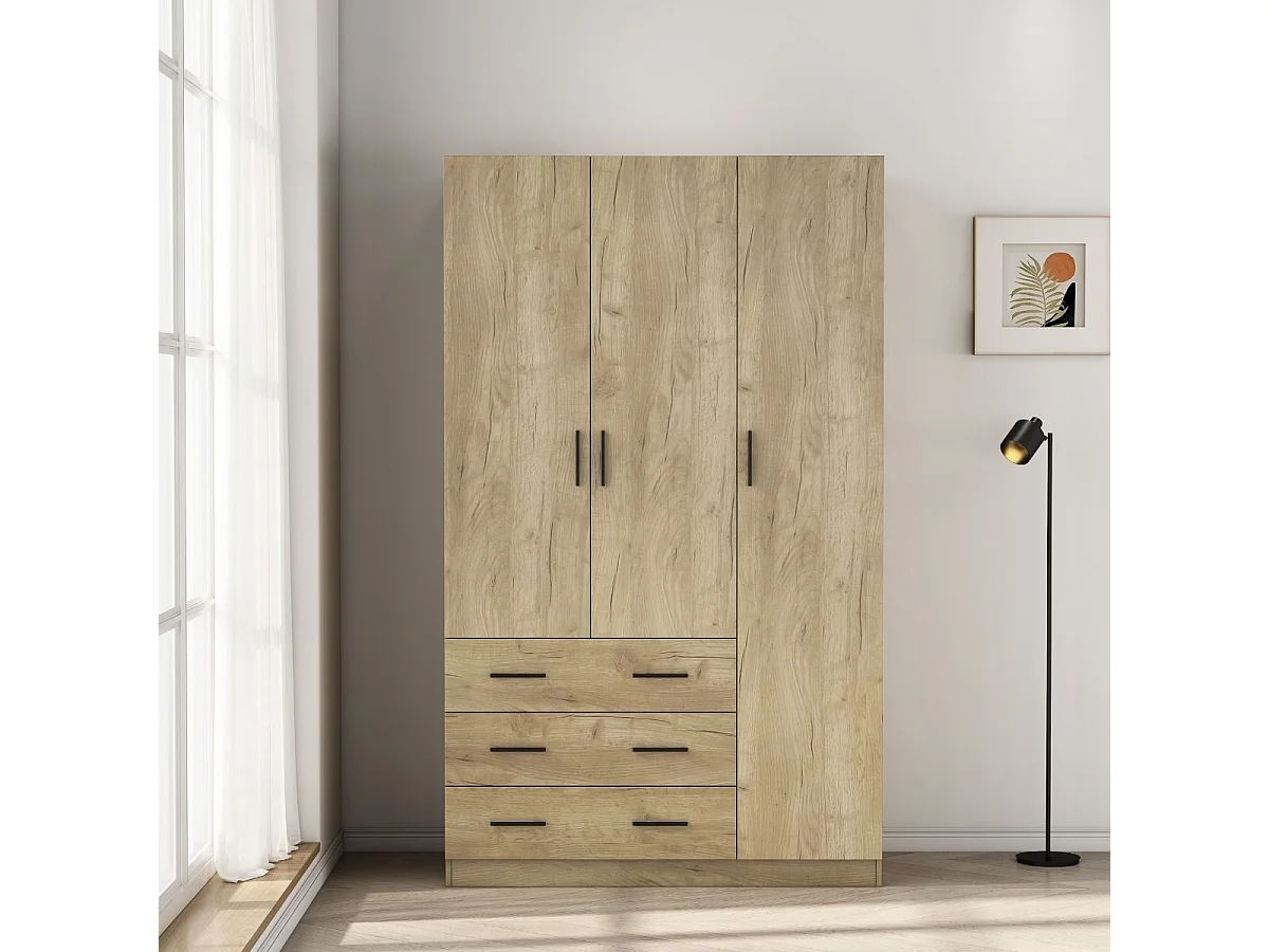 Armario Nortes 3 puertas con 3 cajones natural 200x120x58 cm