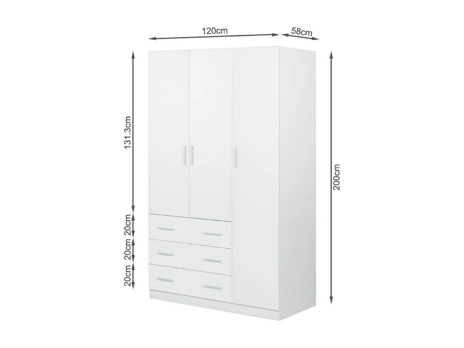 Armario Nortes 3 puertas con 3 cajones blanco 200x120x58 cm