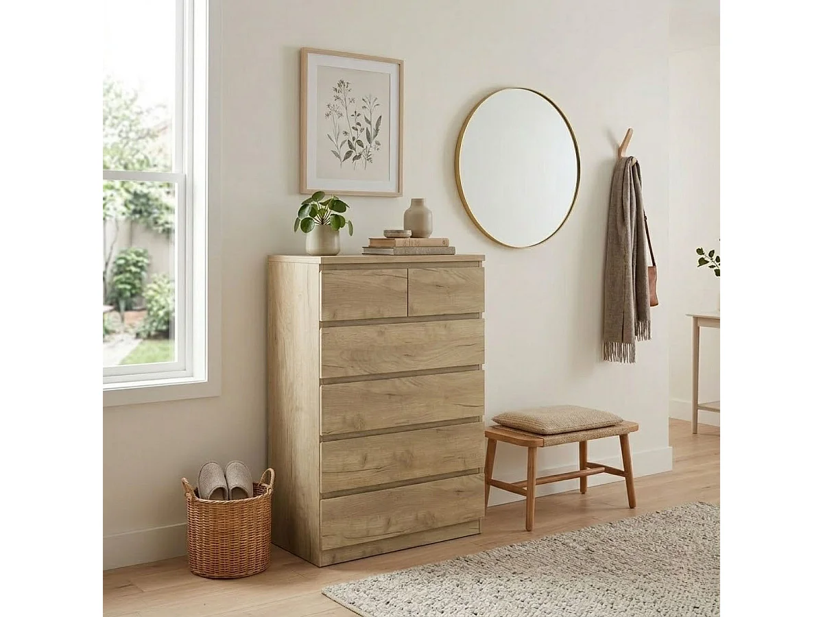 Cómoda Montie con seis cajones natural 119x80x40 cm