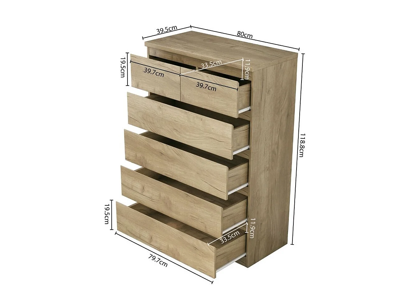 Cómoda Montie con seis cajones natural 119x80x40 cm