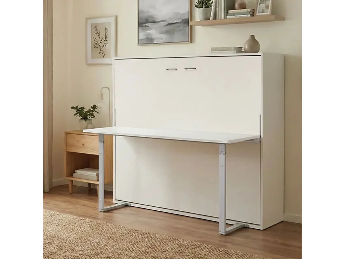 Cama abatible horizontal Matt con escritorio y somier blanco 135x190 cm