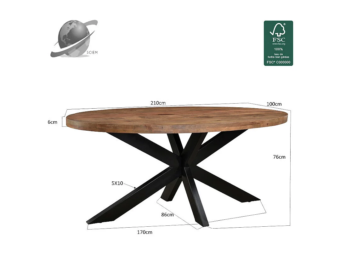 MANAUS-Table à manger ovale 10 personnes 240 cm en bois massif
