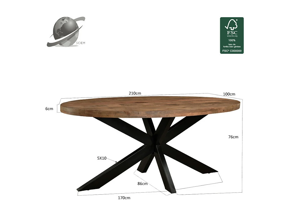 MANAUS-Table à manger ovale 8/10 personnes 210 cm en bois massif