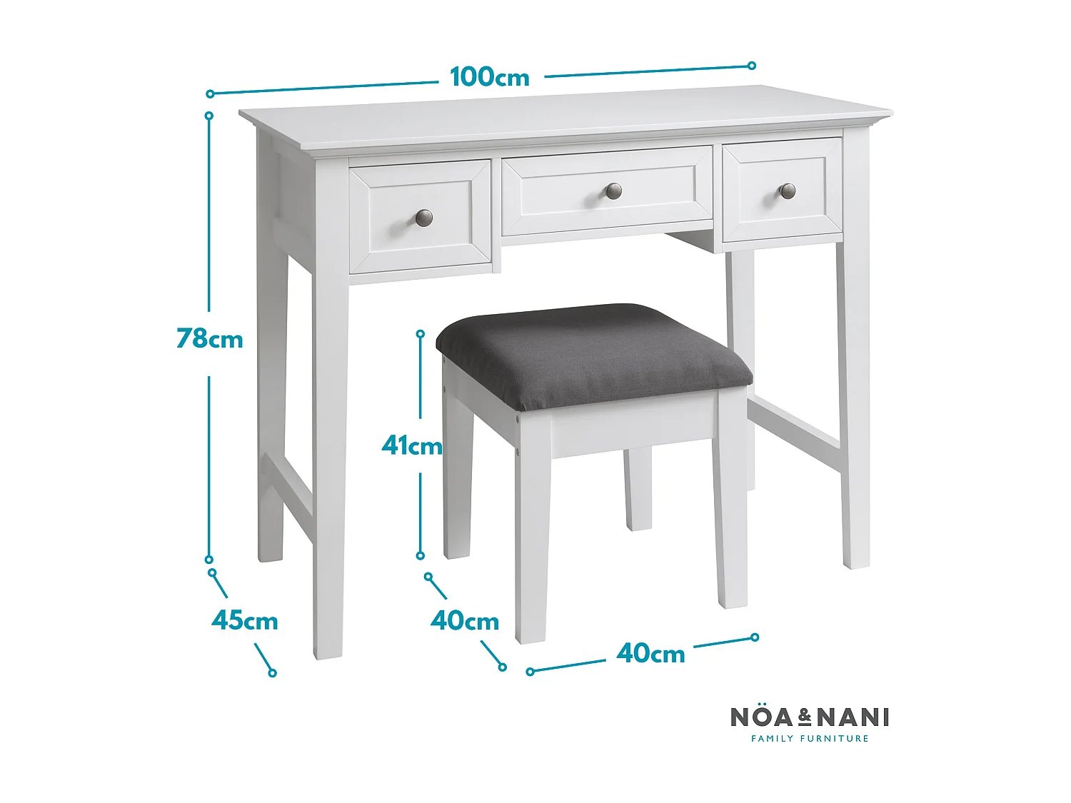 Noa & Nani Karlstad Dressing Table with Drawers and Stool in White