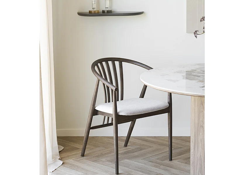 BESS-Fauteuil de table en chêne fumé massif et tissu beige