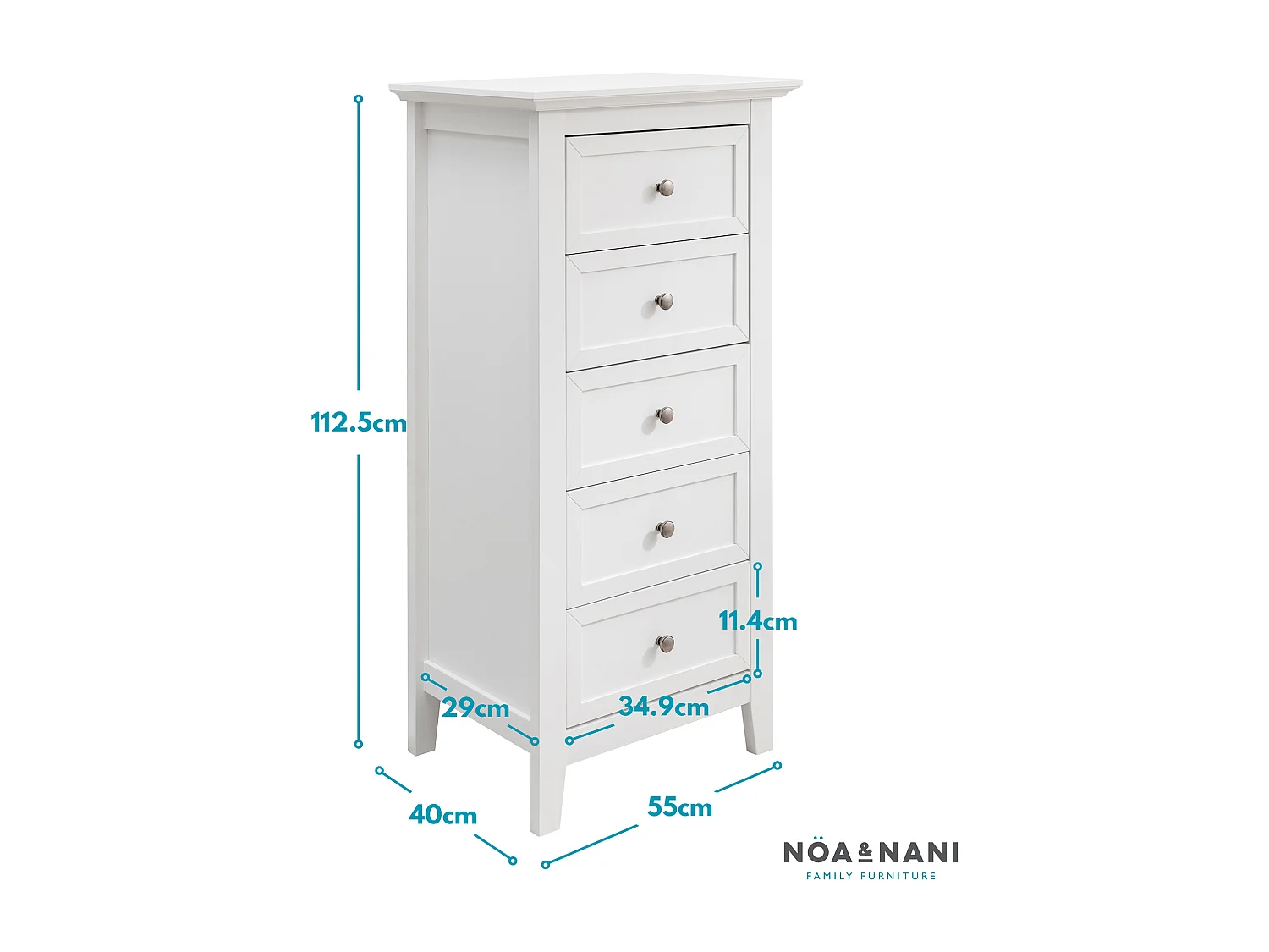 Noa & Nani Karlstad Chest of Drawers 5 Drawer Tall in White
