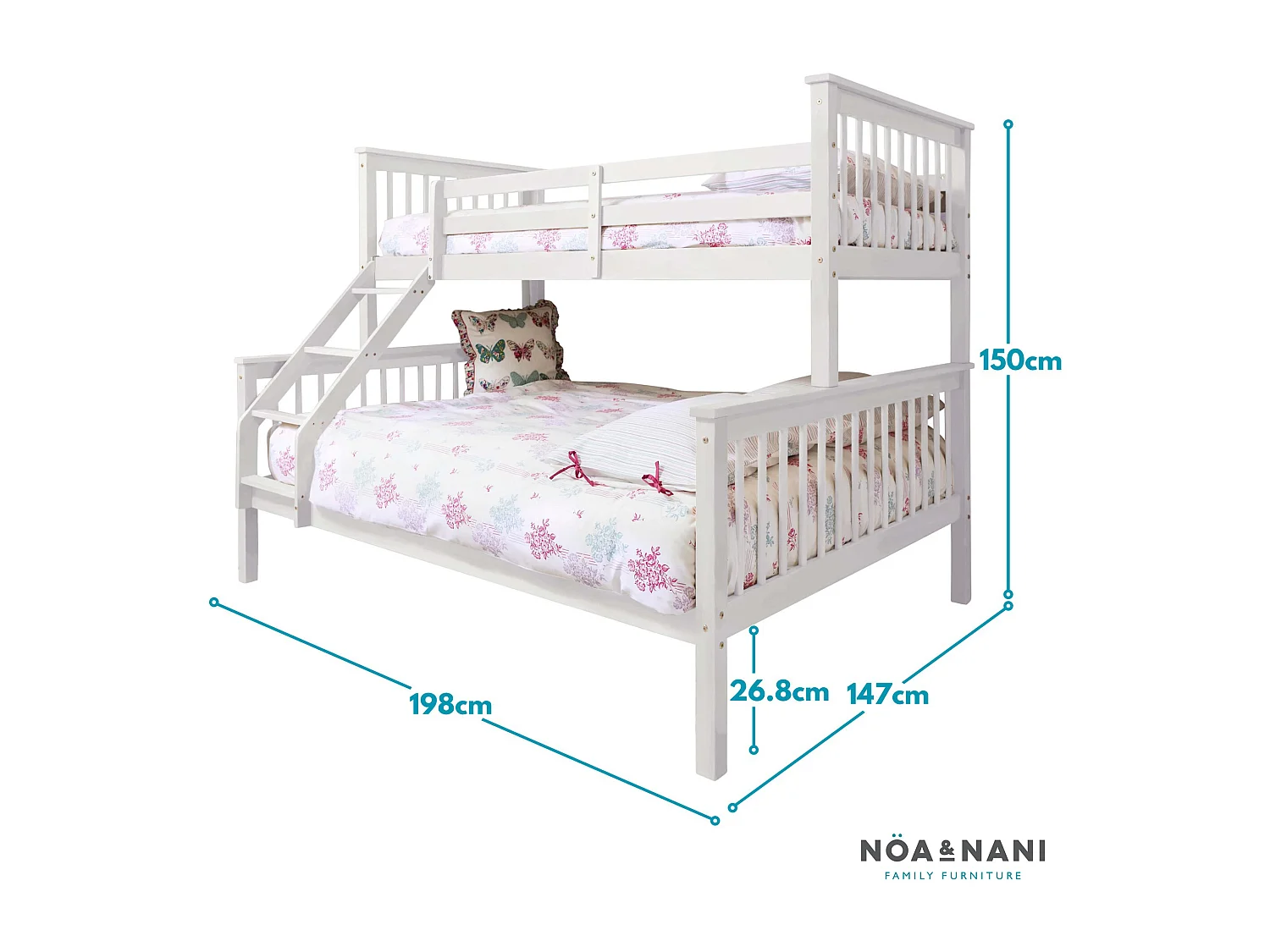 Noa & Nani Hanna Triple Bunk Bed with Single and Double Bed in White