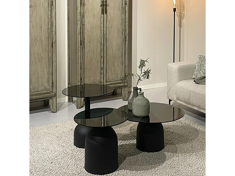 MIRO-Mesa de centro D50 cm cristal negro y acero lacado