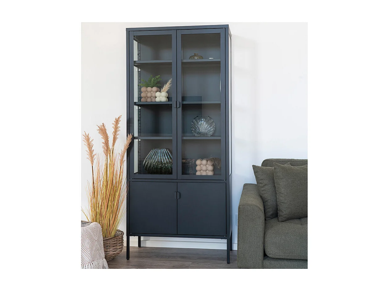 MAINE-Vitrina de cristal de 4 puertas en acero negro 80x180 cm