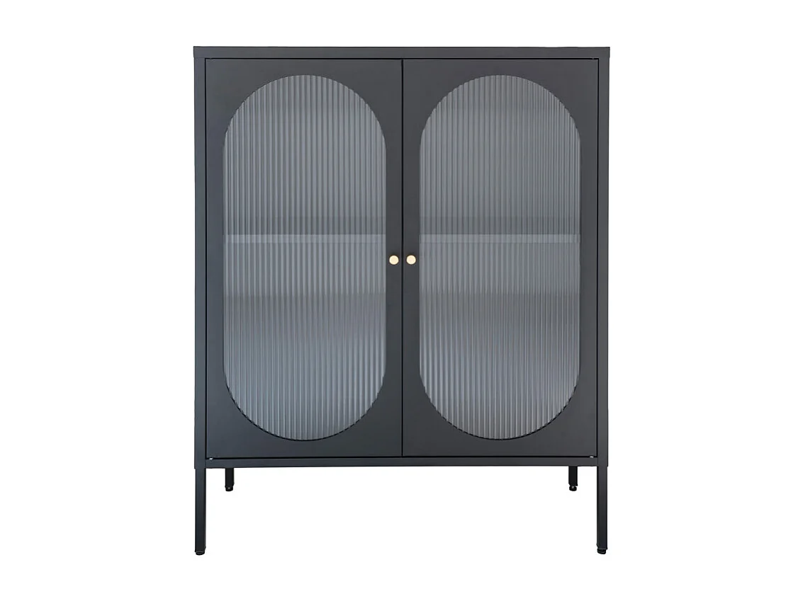 RETRO-Vitrine 2 portes en verre ondulé et acier noir 90x110 cm