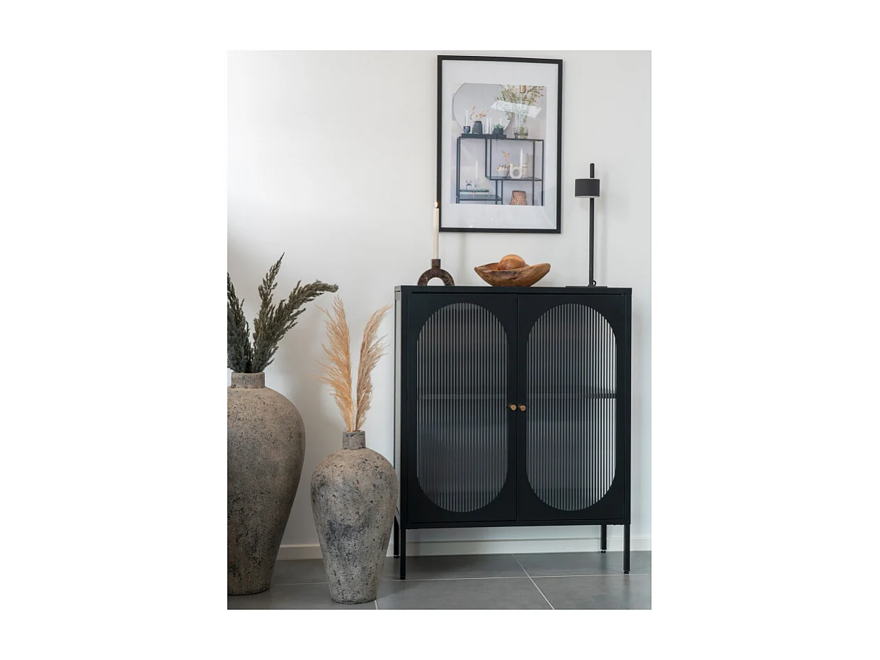 RETRO-Vitrine 2 portes en verre ondulé et acier noir 90x110 cm