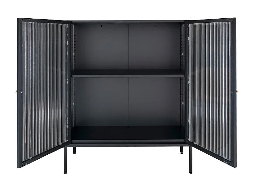RETRO-Vitrine 2 portes en verre ondulé et acier noir 90x110 cm