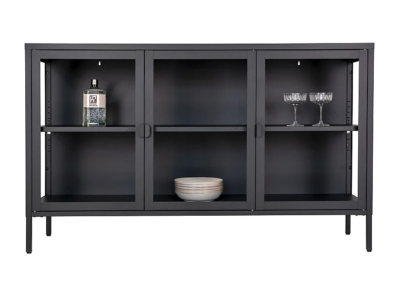 MAINE- Buffet 3 portes vitrées acier noir 140cm