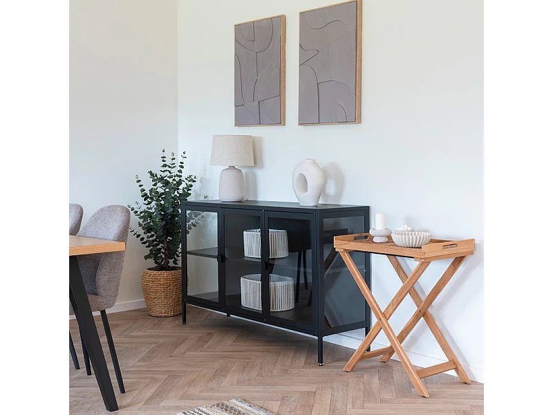 MAINE- Buffet 3 portes vitrées acier noir 140cm