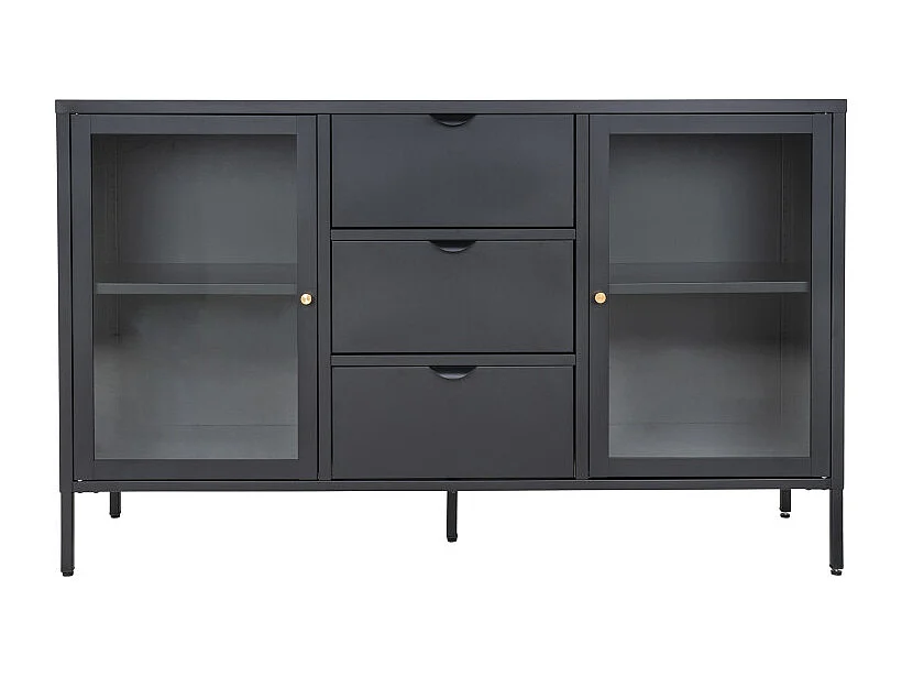 CITY-Buffet 2 portes vitrées, 3 tiroirs en métal noir 140x85 cm