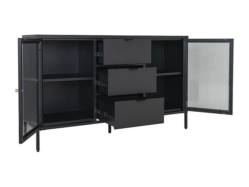 CITY-Buffet 2 portes vitrées, 3 tiroirs en métal noir 140x85 cm