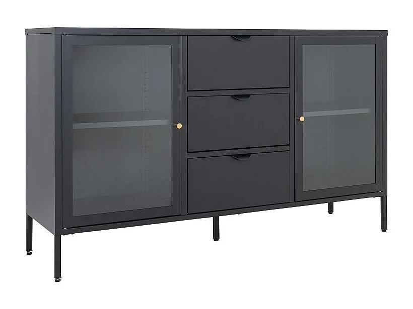 CITY-Buffet 2 portes vitrées, 3 tiroirs en métal noir 140x85 cm