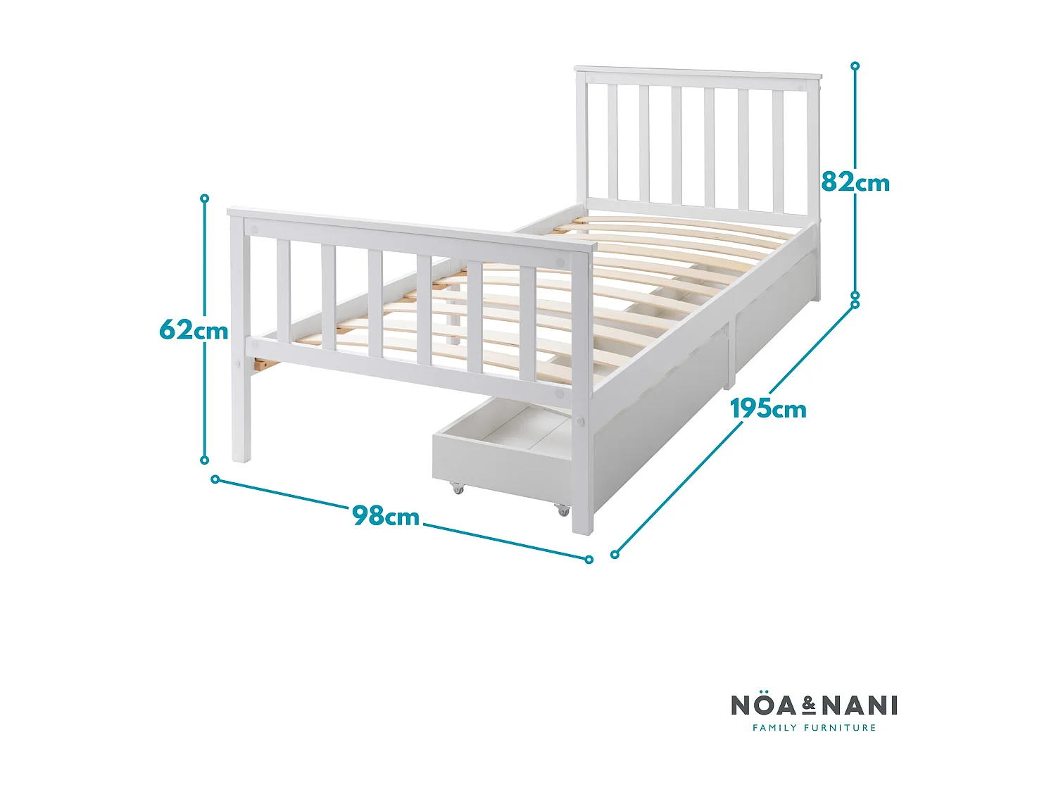 Noa & Nani Otis Single Bed 3ft Frame with 2 Storage Drawers in White