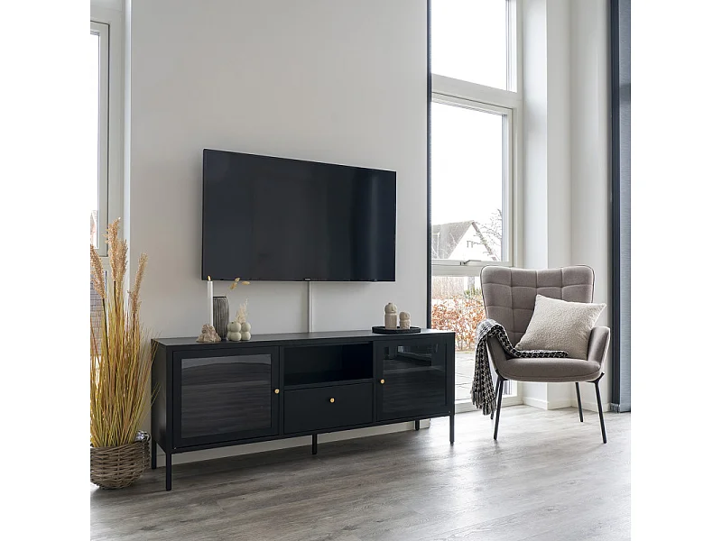 CITY-Mobile porta TV 2 ante vetro e 1 cassetto metallo nero 150x60cm