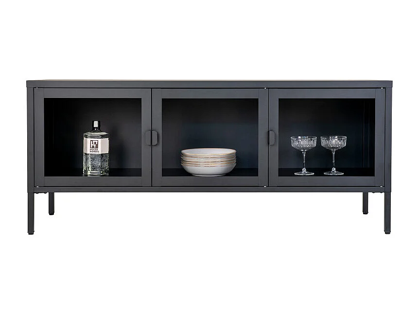 MAINE-Mobile porta TV con 3 ante in vetro acciaio nero 130 cm