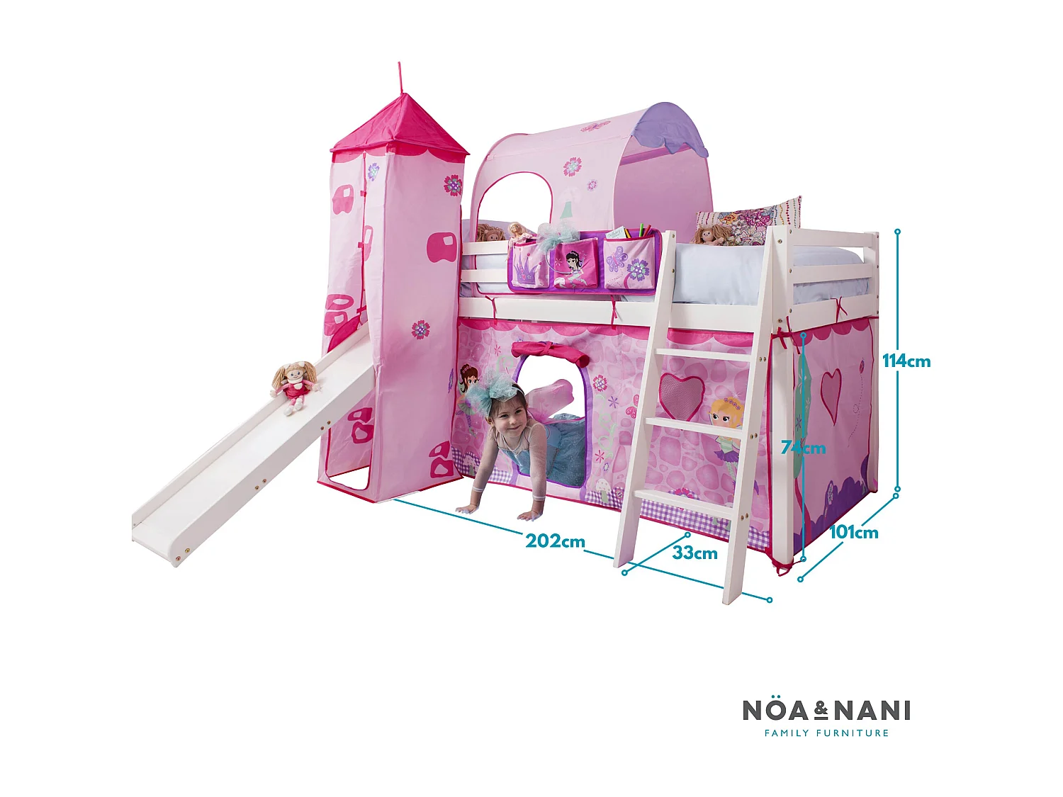 Noa & Nani Moro Cabin Bed Midsleeper with Slide & Fairies Package in White