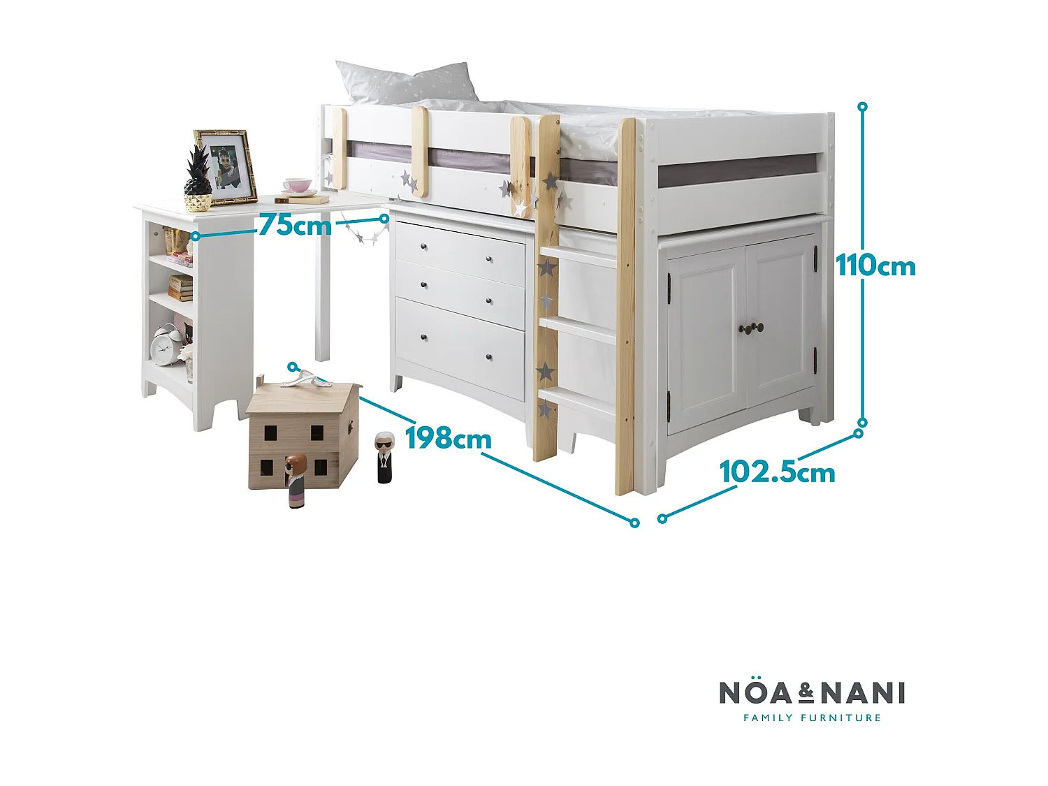 Noa & Nani Una Sleepstation with Chest of Drawers, Cabinet & Desk in White