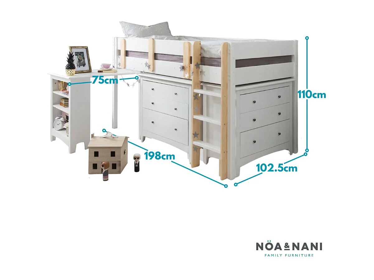 Noa & Nani Una Sleepstation with 2 Chest of Drawers & Desk in White