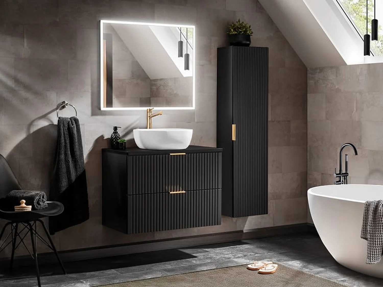 Bathroom Vanity Unit Black Wall Hung 800mm Cabinet with Worktop Countertop Ribbed Fluted Drawer Adel