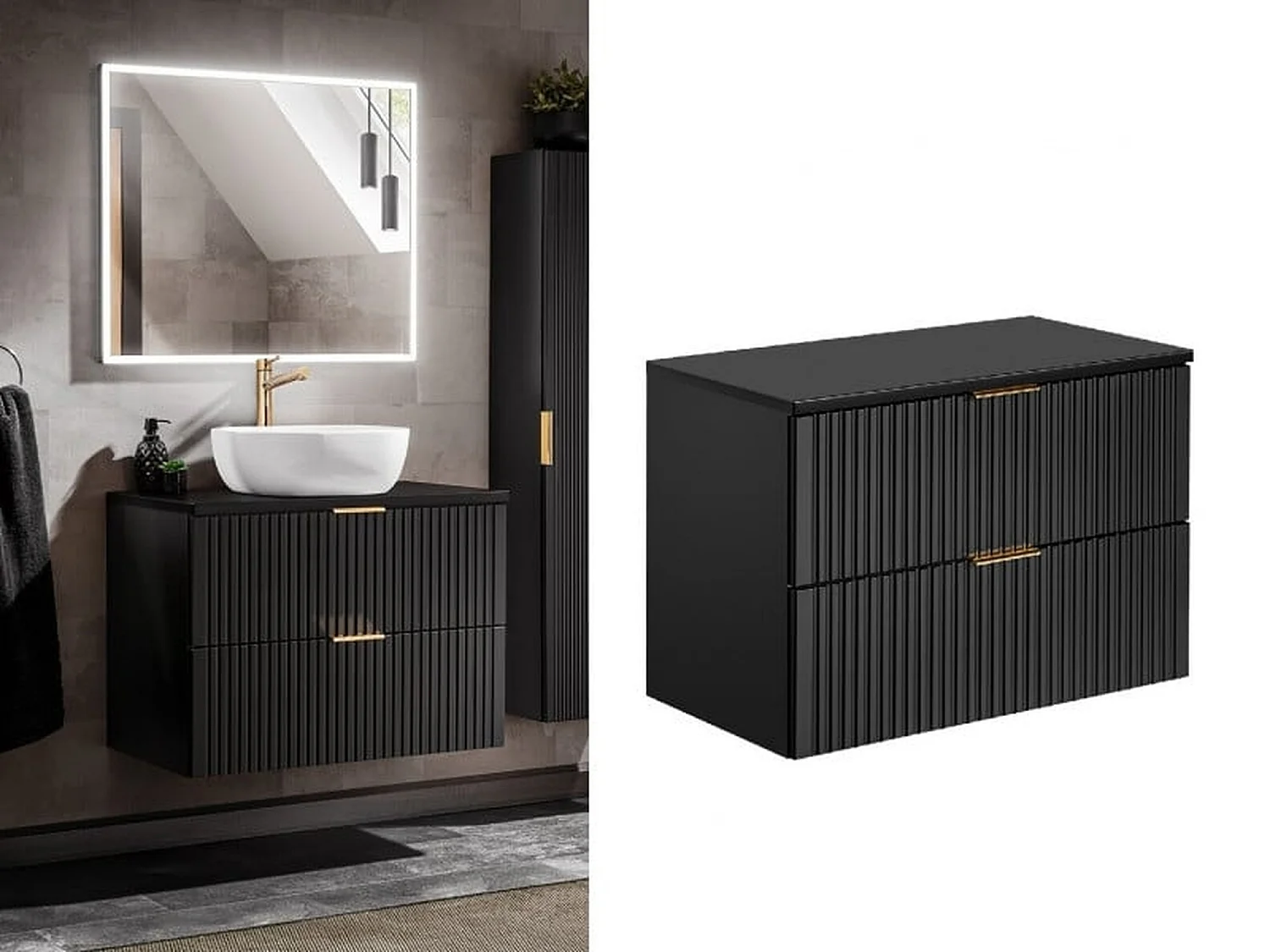 Bathroom Vanity Unit Black Wall Hung 800mm Cabinet with Worktop Countertop Ribbed Fluted Drawer Adel